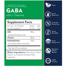 Load image into Gallery viewer, Supplement facts label for Quicksilver Scientific GABA with L-Theanine, indicating vegan, gluten-free, soy protein-free, non-GMO, allergen-free, cGMP certified, and featuring Quicksilver Delivery Systems.
