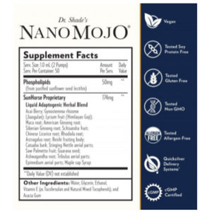 Quicksilver Scientific Dr. Shade's NanoMojo Liposomal Formula 1.7 Oz MOJO 2 PACK supplement facts and benefits chart.