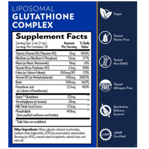 Supplement facts of Quicksilver Scientific Liposomal Glutathione Complex showing ingredients, dosage, and certifications like vegan and gluten-free.