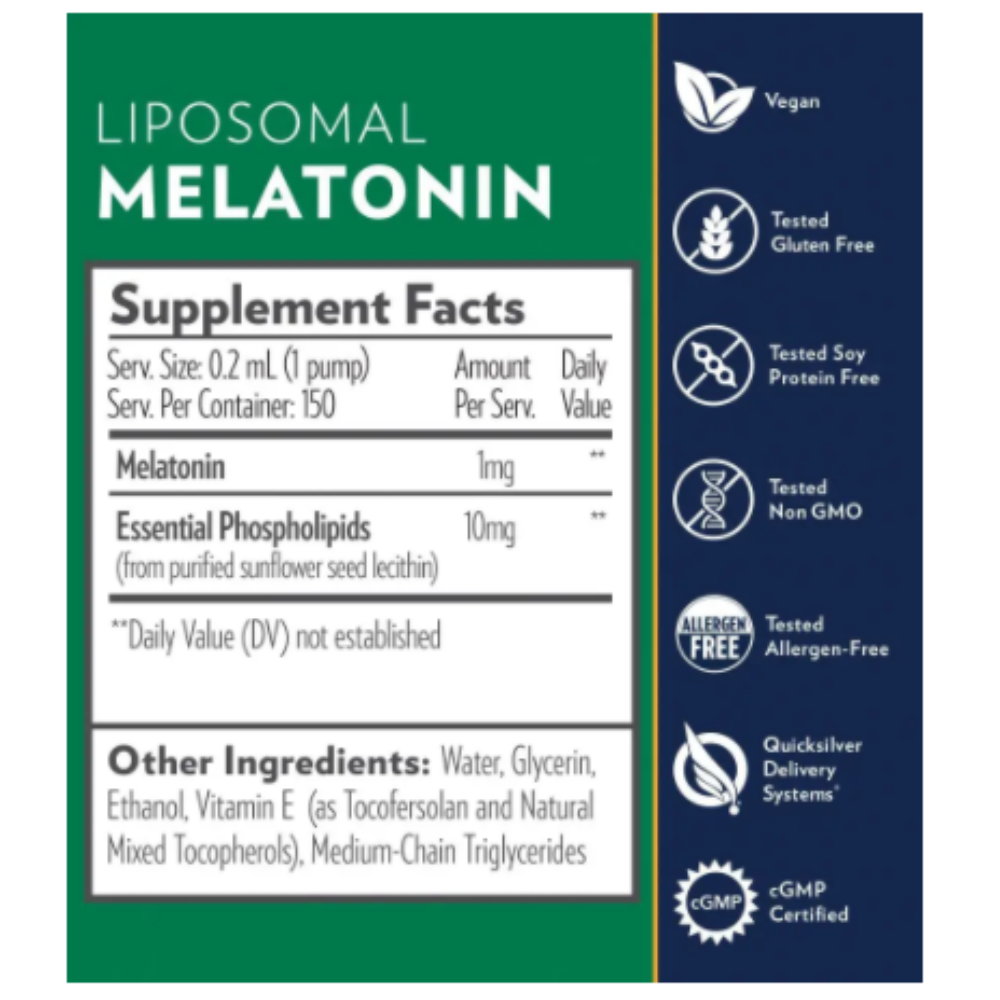 Quicksilver Scientific Liposomal Melatonin Regular Dose MEL 2 PACK supplement label with dosage information and ingredients.
