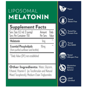 Quicksilver Scientific Liposomal Melatonin Regular Dose MEL 2 PACK supplement label with dosage information and ingredients.