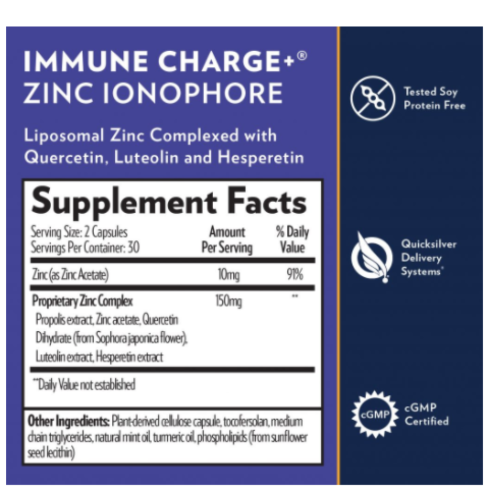 Quicksilver Scientific Immune Charge+ Zinc Ionophore supplement facts label and product highlights.