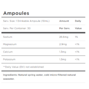 Nutritional information for Quicksilver Scientific Quinton Hypertonic 30 Vials 3 Pack showing sodium, magnesium, calcium, and potassium content.