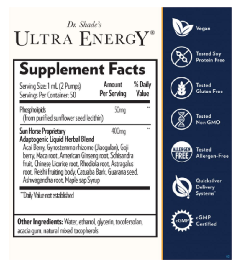 Quicksilver Scientific Dr. Shade's Ultra Energy Adaptogenic Herbs ENERGY 2 PACK label showing supplement facts and certifications.