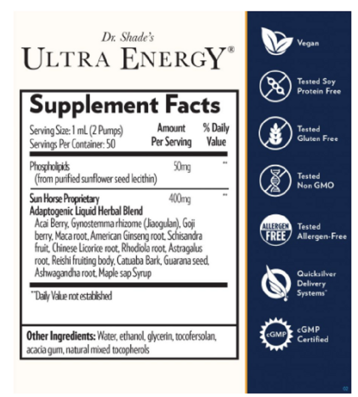 Quicksilver Scientific Dr. Shade's Ultra Energy Adaptogenic Herbs ENERGY 2 PACK label showing supplement facts and certifications.