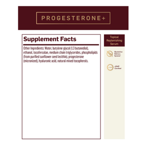 Progesterone+ Topical Replenishing Serum supplement facts label with ingredients list.