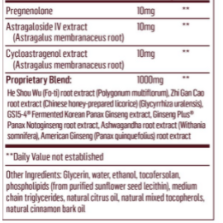 Quicksilver Scientific Longevity Elite Adaptogen Tonic ingredients label.