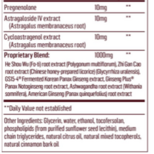 Quicksilver Scientific Longevity Elite Adaptogen Tonic ingredients label.