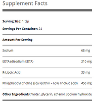 Load image into Gallery viewer, Supplement facts for Quicksilver Scientific EDTA + R-Lipoic Acid Etheric Delivery, serving size 1 tsp, 24 servings per container, includes sodium, EDTA, R-Lipoic Acid, and phosphatidyl choline.
