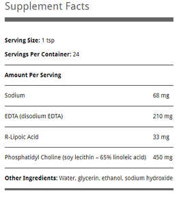 Supplement facts for Quicksilver Scientific EDTA + R-Lipoic Acid Etheric Delivery, serving size 1 tsp, 24 servings per container, includes sodium, EDTA, R-Lipoic Acid, and phosphatidyl choline.