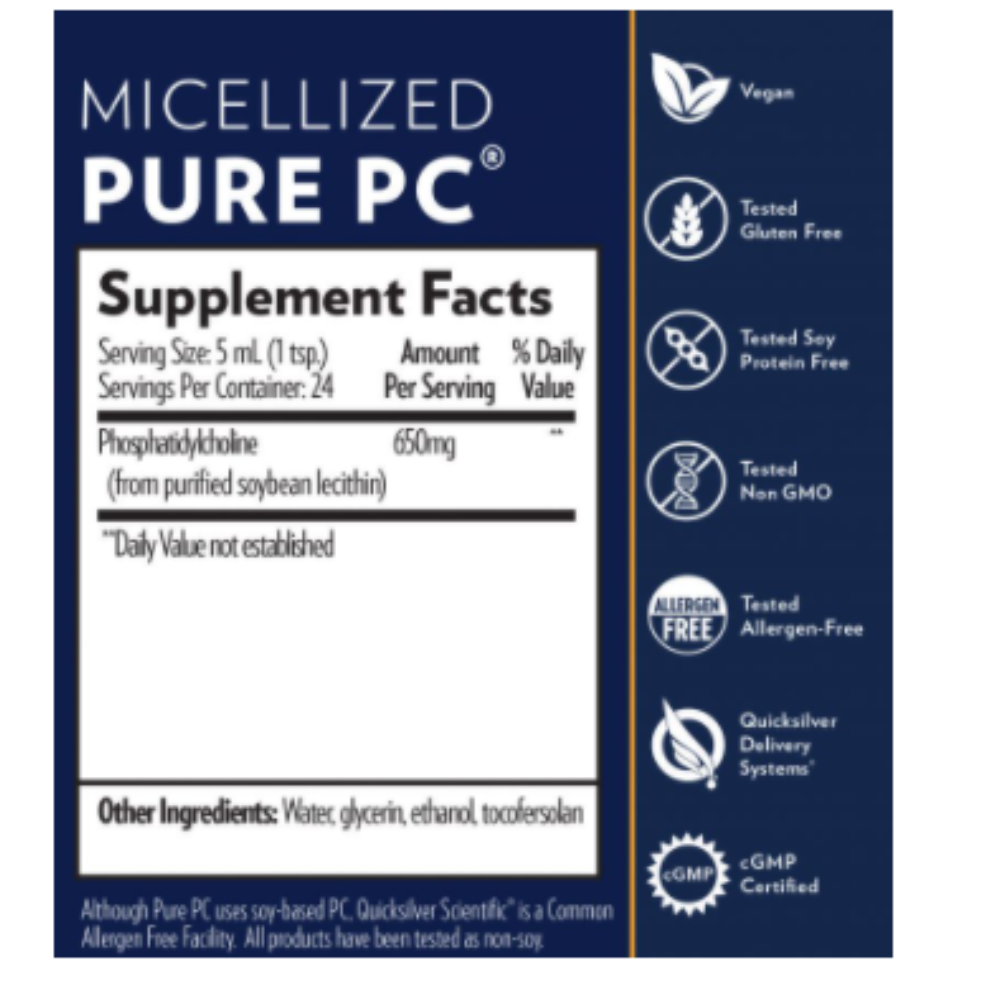 Quicksilver Scientific Pure PC 4 oz supplement facts and features, including vegan, gluten-free, non-GMO, and allergen-free attributes.