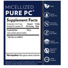 Load image into Gallery viewer, Quicksilver Scientific Pure PC 4 oz supplement facts and features, including vegan, gluten-free, non-GMO, and allergen-free attributes.
