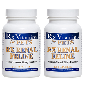 Rx Vitamins for Pets Rx Renal Feline 120 Capsules 2 Pack for cat kidney function support.