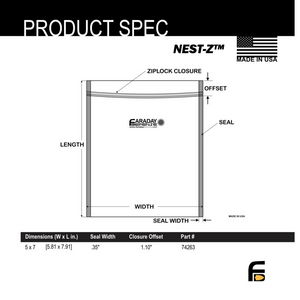 Faraday NEST-Z 5x7 inch EMP protection bag product specifications, made in USA.