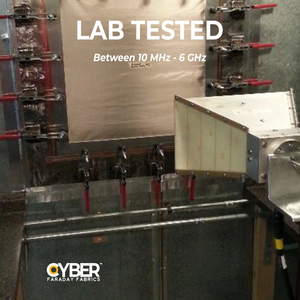 Lab testing of Faraday Cyber DX Diamond EMI Shielding Copper Nickel Rip-Stop Fabric in frequency range of 10 MHz to 6 GHz.