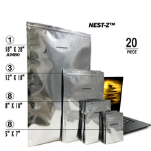 Load image into Gallery viewer, 20-piece Faraday NEST-Z 7.0mil EMP moisture barrier bags, various sizes, with aluminum layers for electronic protection.
