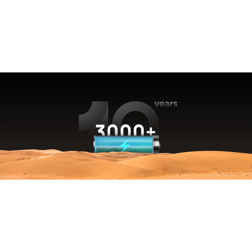 Battery with 3000+ charge cycles in desert landscape.