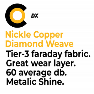 Faraday Cyber DX Nickel Copper Diamond Weave fabric, tier-3 EMI shielding, 60 dB, metallic shine.