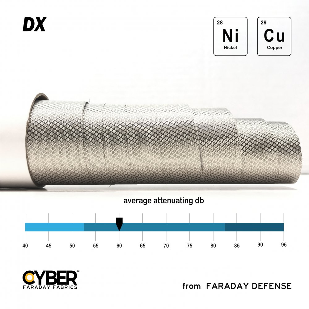 Faraday Cyber DX Diamond EMI Shielding Copper Nickel Rip-Stop Fabric Roll 42"x1' with high RF shielding performance, mid-tier conductive fabric, ideal for various applications.