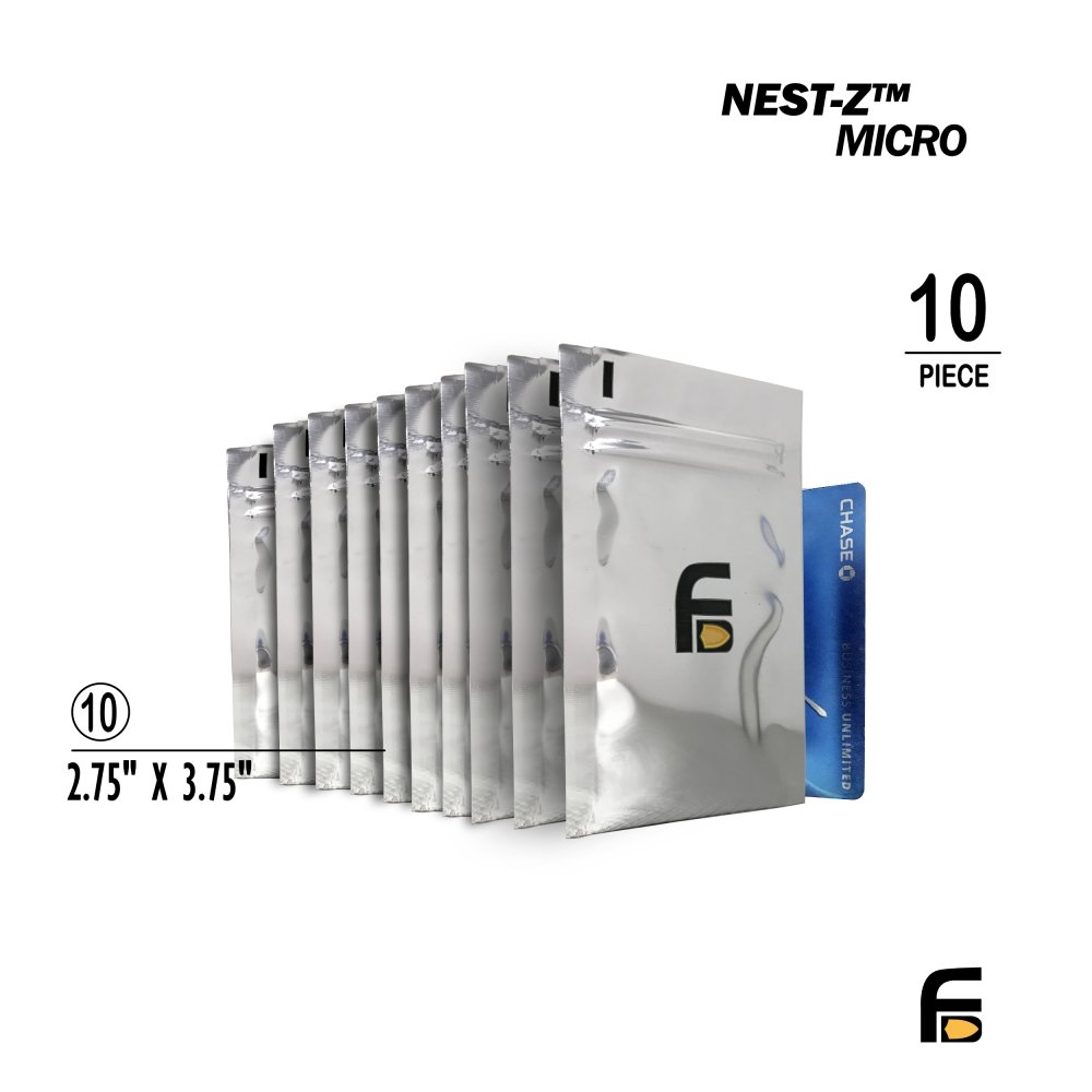 Faraday 10 PC Credit Card NEST-Z 5-layer protection bags, EMI and EMP shielding, heat-sealable, 2.5x4 inches.