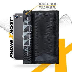 Faraday Jacket forensic cell phone triple-layer fabric bag with double-fold Velcro seal for signal blocking.