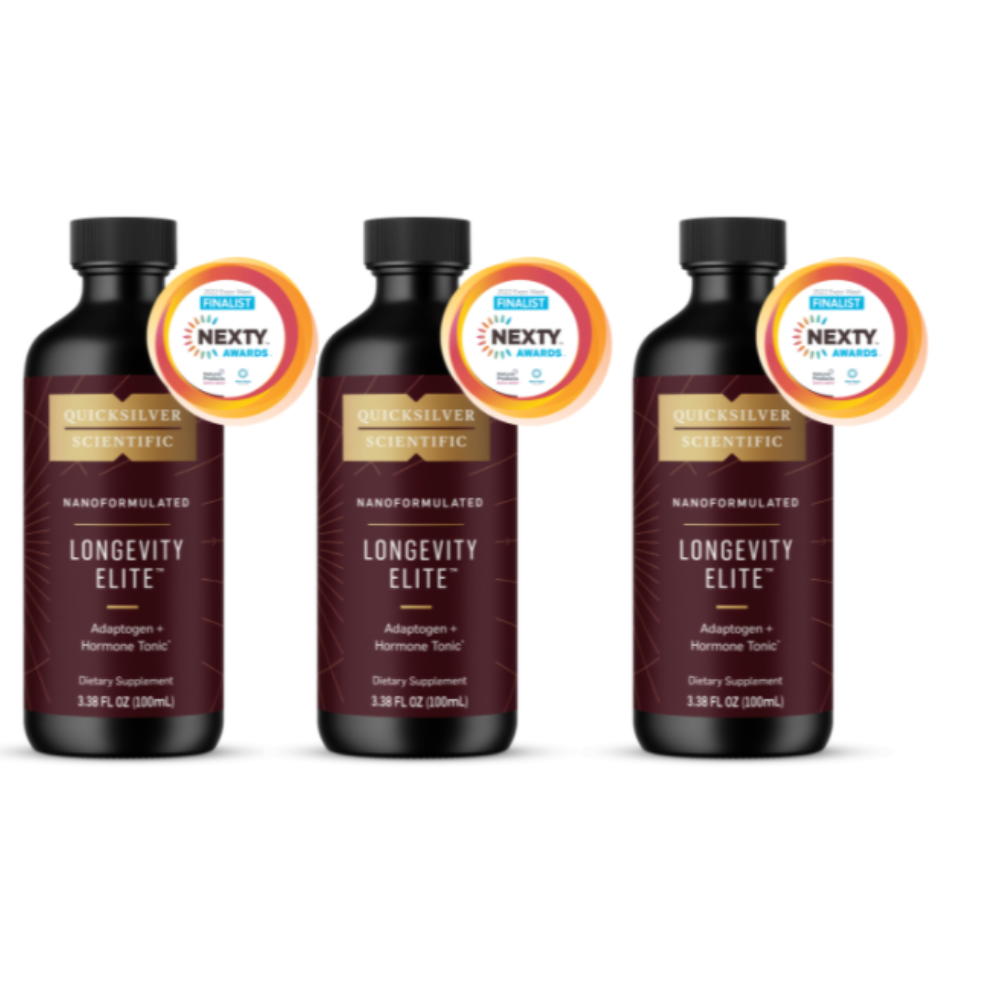 Quicksilver Scientific Longevity Elite Adaptogen Tonic 100 ml longivity 3 pack bottles with award label.