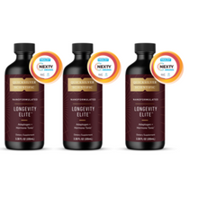 Load image into Gallery viewer, Quicksilver Scientific Longevity Elite Adaptogen Tonic 100 ml longivity 3 pack bottles with award label.
