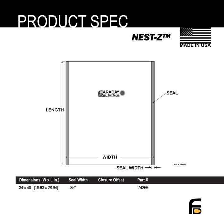 Diagram of Faraday Bags NEST-Z JUMBO, dimensions 34"x40", made in the USA.