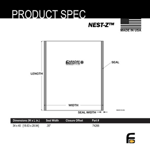 Diagram of Faraday Bags NEST-Z JUMBO, dimensions 34"x40", made in the USA.