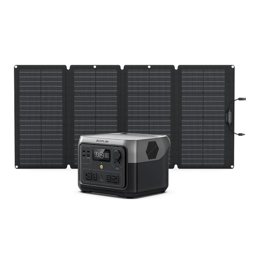 EcoFlow RIVER 2 Max Power Station with 160W Solar Panel, compact and portable design for outdoor power, 512Wh capacity.