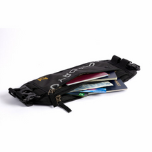 Load image into Gallery viewer, Faraday Waist Pack RFID Belt with adjustable straps, signal-blocking design, and zippered compartments filled with documents and a passport.
