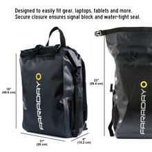 Load image into Gallery viewer, Faraday Dry Bag Backpack Stealth Black with Dual-Clip Closure and Mesh Side Pockets, signal-blocking and water-resistant design.
