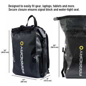 Faraday Dry Bag Backpack Stealth Black with Dual-Clip Closure and Mesh Side Pockets, signal-blocking and water-resistant design.