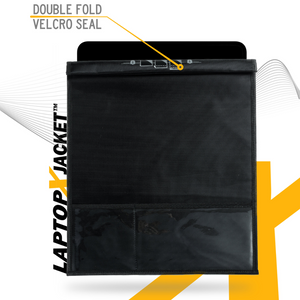 Faraday Jacket XXL laptop bag with double fold Velcro seal in black canvas, designed for signal blocking and device security.