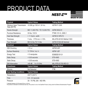 NEST-Z 7.0mil EMP Faraday Bags Product Data Sheet, Made in USA, 5-layer Moisture Barrier Evaluation.