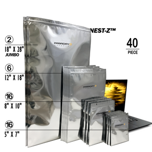 40-piece Faraday NEST-Z 7.0mil EMP barrier bags kit for electronics protection.