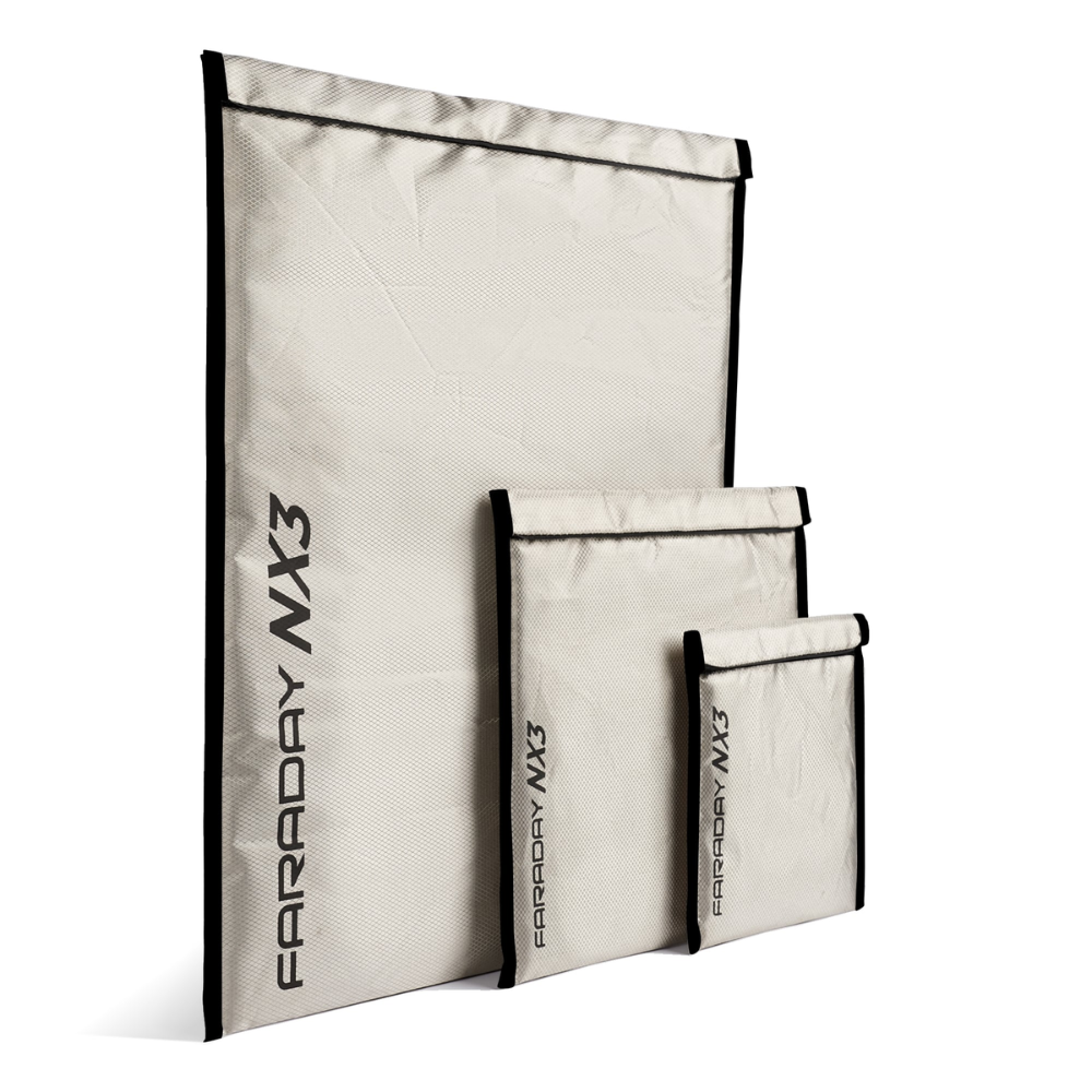 Faraday NX3 Triple-Layer CYBER Fabric Faraday Bags; three sizes displayed.