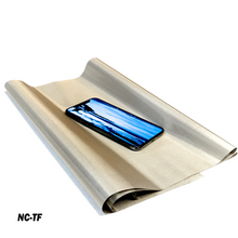 Load image into Gallery viewer, Faraday Cyber NC-TF Fabric EMF RF Shielding Nickel Copper Taffeta Roll with mobile phone on top.
