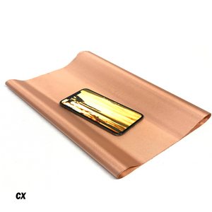 Faraday Cyber CX shielding copper fabric with smartphone placed on top, showcasing 44" width and 1' length.