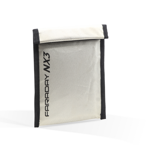 Faraday NX3 cellphone bag with ESD/EMP protection, triple-layer cyber fabric, 85dB attenuation, and secure Velcro closure.