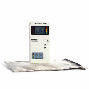 Faraday NX3 Cellphone ESD/EMP bag with Cornet electrosmog meter, featuring triple-layer cyber fabric for signal blocking.