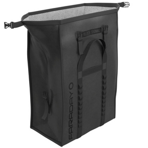 Forensic black canvas small generator dry bag with watertight seal, signal blocking, and MOLLE system.