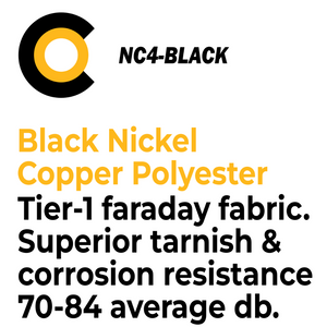 Faraday Cyber NC-BLACK Fabric, black nickel copper polyester, tier-1 EMF RF shielding, 70-84 dB attenuation.