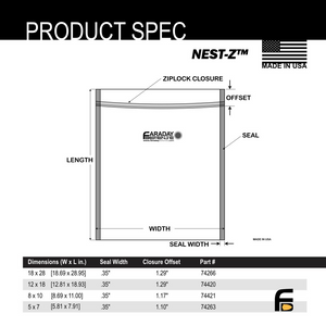 Faraday 20 PC Large-Kit NEST-Z 7.0mil EMP Faraday Bags dimensions and specifications chart.