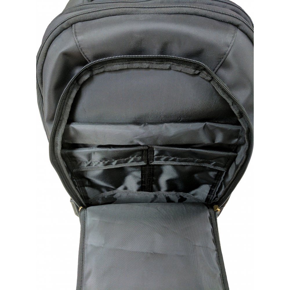 Faraday Backpack with double-fold seal for enhanced signal blocking, durable black nylon, open view showing interior pockets.