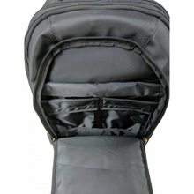 Load image into Gallery viewer, Faraday Backpack with double-fold seal for enhanced signal blocking, durable black nylon, open view showing interior pockets.
