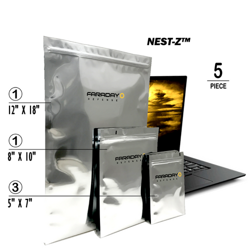 Faraday NEST-Z KIT 5 PC Medium 7.0 mil EMP bags for electronic protection.