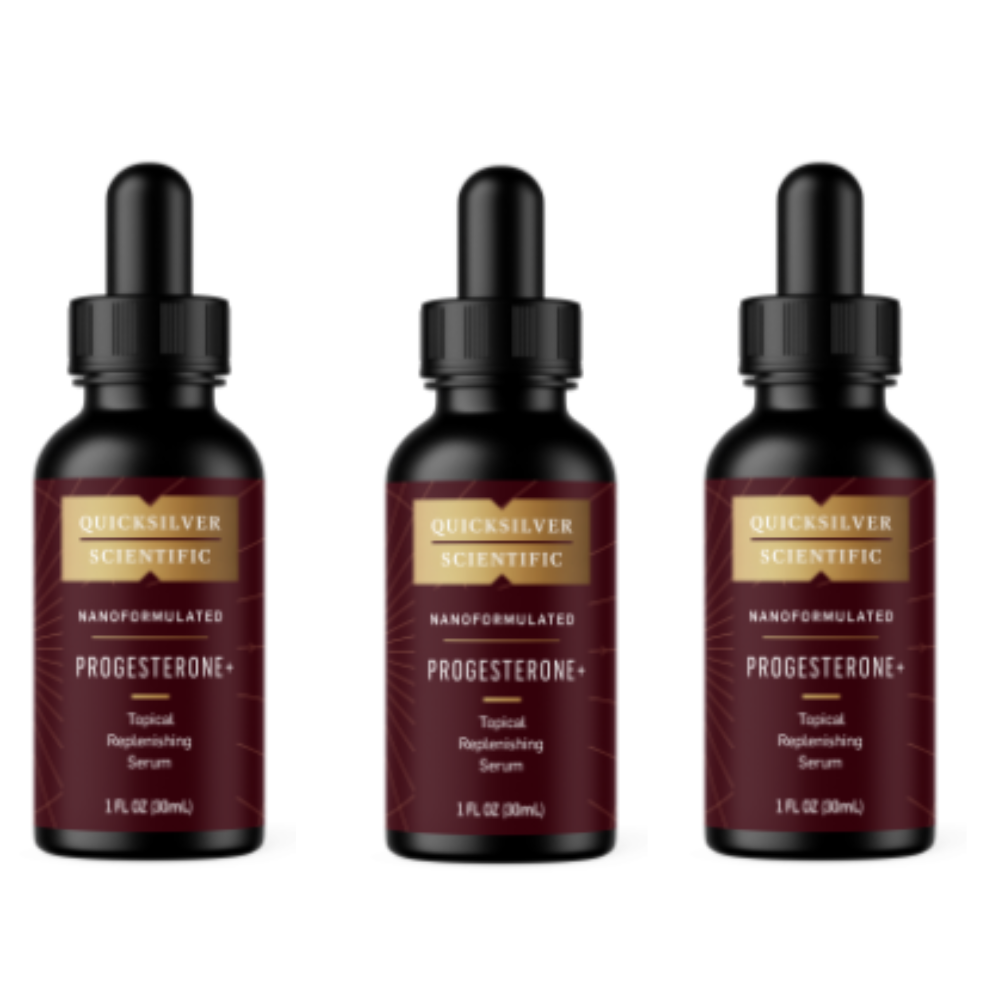 Quicksilver Scientific Progesterone+ Topical Replenishing Serum PROGEST 3 PACK bottles with dropper caps.