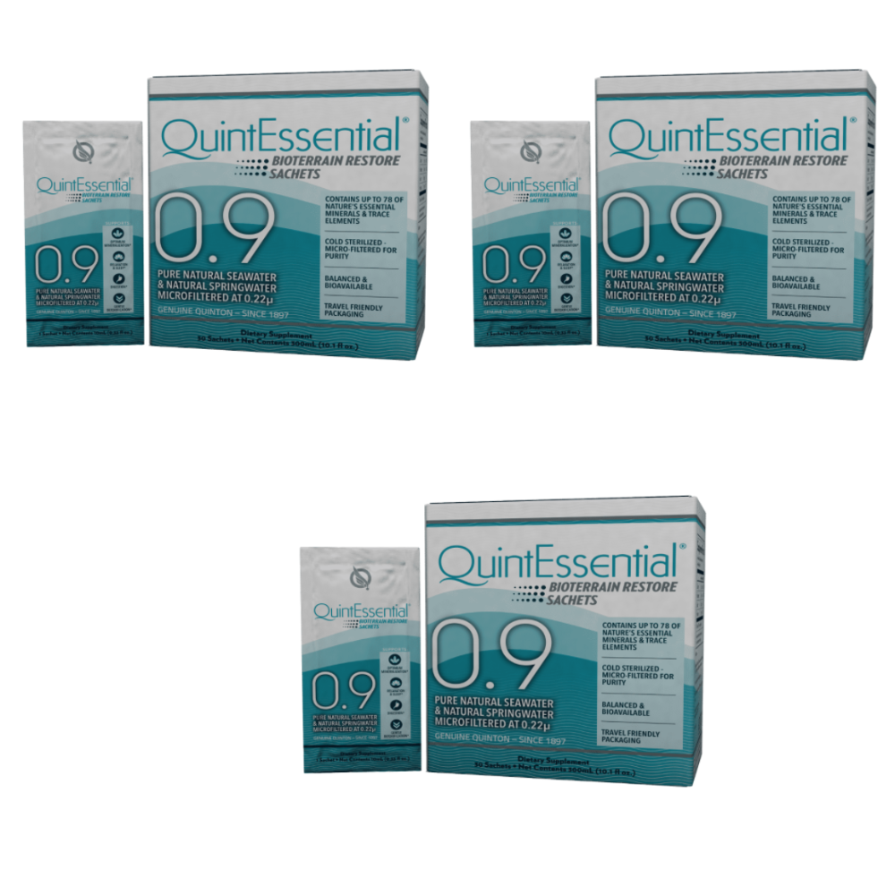 Quicksilver Scientific QuinEssential 0.9 sachet box, 3-pack for mineral replenishment and detox support.