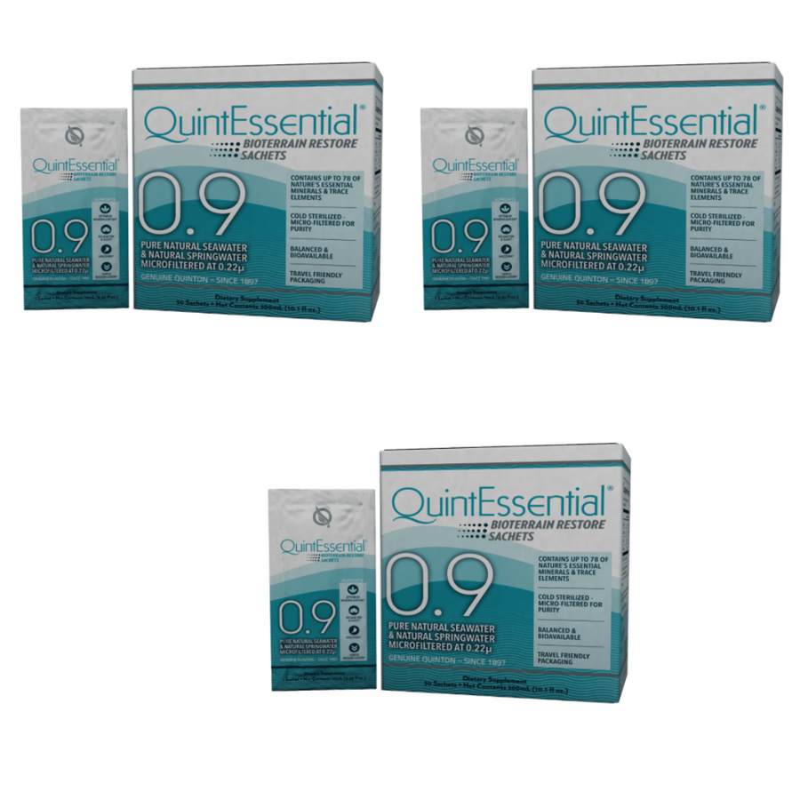 Quicksilver Scientific QuinEssential 0.9 sachet box, 3-pack for mineral replenishment and detox support.